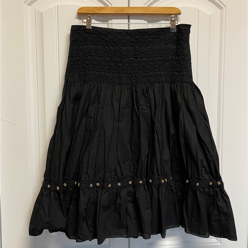 Vintage tiered A line Skirt size L black 100% cotton embroidered